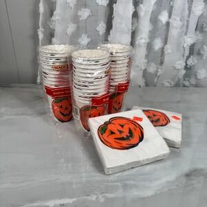 Lot of Vintage Jack O Lantern Paper Cups and Napkins Halloween Pumpkin